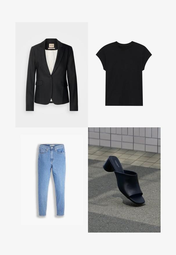 Blazer noir avec une coupe ajustée, fermeture à un bouton et deux poches avant. Doublé d'une intérieur à motif pour un détail supplémentaire.; T-shirt en coton noir avec un col rond, des manches courtes et une coupe décontractée. Texture lisse sans motifs ni embellissements visibles.; Jean slim taille haute bleu clair avec poches avant et arrière, fermeture à bouton et passes de ceinture sur un fond blanc.; Mule en cuir noir à bout ouvert avec talon bloc, positionnée sur l'asphalte près d'une surface carrelée en arrière-plan.