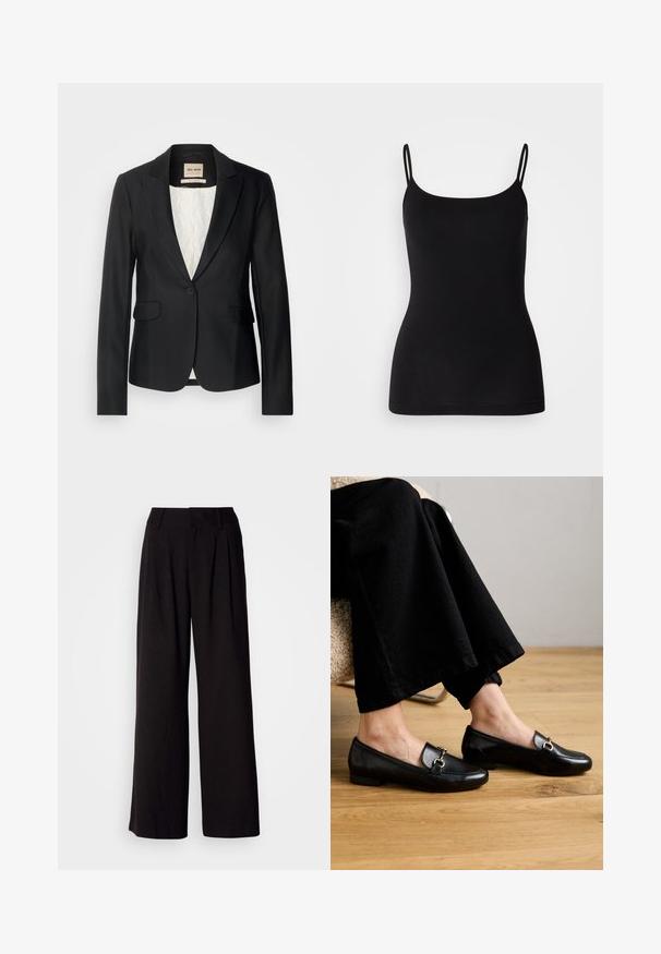 Sort blazer med en skræddersyet pasform, enkelt knaplukning og to forlommer. Foret med et mønstret indre for ekstra detaljer.; Sort camisole-top med tynde justerbare stropper, glat elastisk stof og en tæt silhuet. Ingen mønstre eller pynt.; Sorte bukser med vid benvidde lavet af glat stof, med folder foran, en tætsiddende talje og uden synlige mønstre eller detaljer.; Sorte læder loafers med firkantet tå og lille hæl, der har en dekorativ hardware i guldfarve på oversiden.