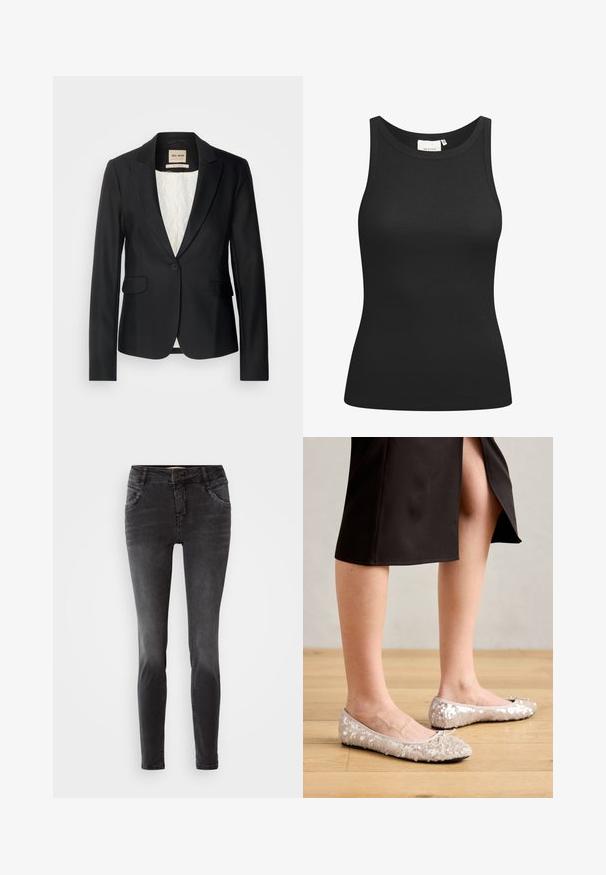 Čierny blazer s prispôsobeným strihom, s jedným gombíkom a dvoma prednými vreckami. Podšitý vzorovaným interiérom pre dodatočný detail.; Čierny top bez rukávov vyrobený z rebrovanej tkaniny, s výstrihom do tvaru lode a priliehavým strihom. Hladké švy a žiadne ozdoby. Jednoduchý a elegantný dizajn.; Čierne skinny džínsy z denimovej látky, s predným zapínaním na gombík, vystuženými detailmi na vreckách a hladkou textúrou.; Béžové ballet flats so flitrami a okrúhlou špičkou, s akcentom mašle, v kombinácii s čiernou sukňou, vystavené na drevenej podlahe.