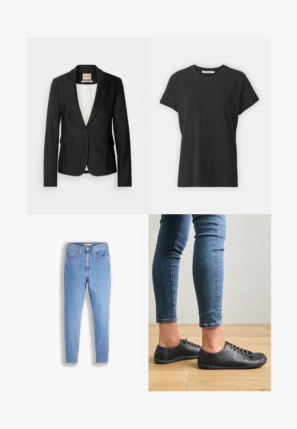 Sort blazer med en skræddersyet pasform, enkelt knaplukning og to forlommer. Foret med et mønstret indre for ekstra detaljer.; Sort bomulds t-shirt med klassisk rund hals, korte ærmer og afslappet pasform. Glat tekstur, ingen synlige mønstre eller detaljer.; Lyseblå high-waist slim-fit jeans med for- og baglommer, knaplukning og bæltestropper på en hvid baggrund.; Sorte lædersko med rund tå, lav profil og snørebåndsdesign. Kombineret med blå, tætsiddende jeans og en baggrund af trægulv.