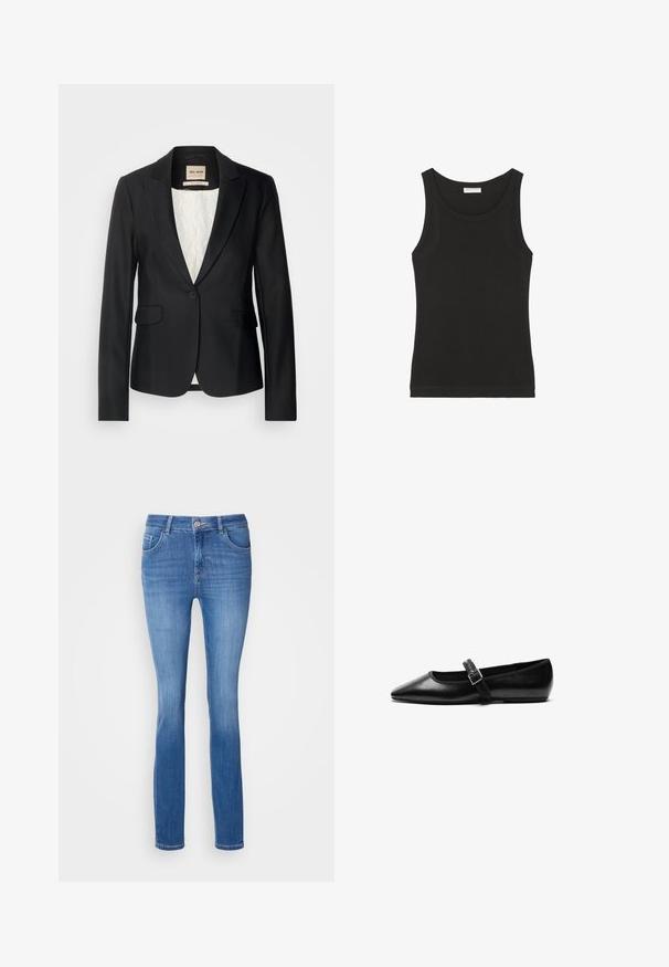 Čierny blazer s prispôsobeným strihom, s jedným gombíkom a dvoma prednými vreckami. Podšitý vzorovaným interiérom pre dodatočný detail.; Čierny bezrukávový top vyrobený z jemnej bavlny, s okrúhlym výstrihom a priliehavým strihom. Jednoduchý dizajn bez viditeľných vzorov alebo akcentov.; Modré denimové džínsy s úzkym strihom, piatimi vreckami a jemným vyblednutým vzorom. Vyrobené z mäkkej, elastickej látky, so štandardným zapínaním na gombík.; Čierna plochá obuv vyrobená z kože s špicatou špičkou, nastaviteľným popruhom s kovovou prackou, hladkou textúrou a minimalistickým dizajnom.