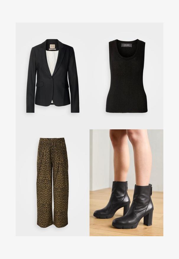 Schwarze Blazer mit taillierter Passform, einer einzigen Knopfverschlus und zwei Fronttaschen. Futter mit einem gemusterten Innenleben für zusätzliche Details.; Mos Mosh RELENA IMANJA TANK - Top - black; Weite Hosen in einem braun-schwarzen Leopardenmuster. Mit hohem Bund und gefaltetem Design. Weicher Stoff mit glatter Textur.; Schwarze Leder-Stiefeletten mit einem klobigen Absatz, seitlichem Reißverschluss und glatter Textur, die ein elegantes Design und minimale Nähdetails aufweisen.