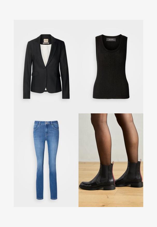 Čierny blazer s prispôsobeným strihom, s jedným gombíkom a dvoma prednými vreckami. Podšitý vzorovaným interiérom pre dodatočný detail.; Mos Mosh RELENA IMANJA TANK - Top - black; Modré denimové džínsy s úzkym strihom, piatimi vreckami a jemným vyblednutým vzorom. Vyrobené z mäkkej, elastickej látky, so štandardným zapínaním na gombík.; Billi Bi Klasické členkové čižmy - black combination/red