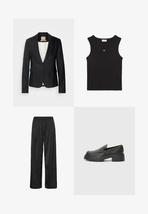 Zwarte blazer met een getailleerde pasvorm, enkele knoopsluiting en twee voorzakken. Voering met een patroon voor extra detail.; Zwarte geribbelde mouwloze top met ronde hals, Calvin Klein Jeans label aan de binnenkant van de kraag en een klein CK-logo applicatie op de borst.; Zwarte wijde broek van glad, glanzend materiaal. Voorzien van een elastische tailleband met een koord voor een verstelbare pasvorm.; Zwarte leren instappers met een ronde neus, dikke getextureerde zool en minimale stikseldetails. Strak ontwerp zonder zichtbare veters of hardware.