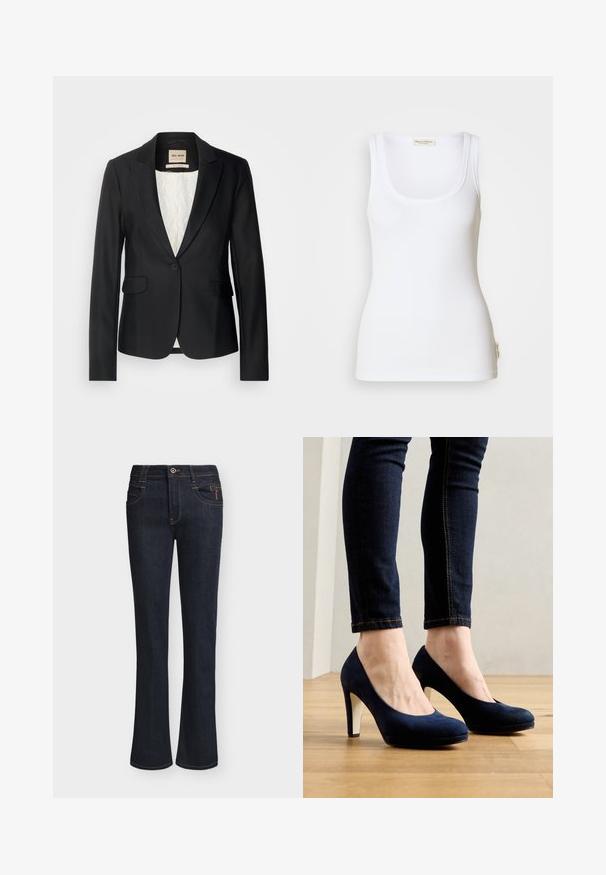 Blazer noir avec une coupe ajustée, fermeture à un bouton et deux poches avant. Doublé d'une intérieur à motif pour un détail supplémentaire.; Débardeur blanc côtelé avec un col rond dégagé et des bretelles larges. Présente une étiquette logo sur l'ourlet latéral. Confectionné en tissu doux et extensible.; Jean en denim bleu foncé avec jambes légèrement évasées, fermeture devant par bouton et zip, poches avant et détails de couture visibles.; Chaussures à talons hauts en velours bleu marine avec un bout rond et un talon blanc contrastant. Portées avec un jean skinny en denim sombre sur un sol en bois.