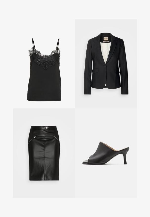 Blazer noir avec une coupe ajustée, fermeture à un bouton et deux poches avant. Doublé d'une intérieur à motif pour un détail supplémentaire.; Camisole noire à fines bretelles avec des détails en dentelle décorative le long du décolleté et de la partie supérieure de la poitrine.; Jupe crayon en cuir noir avec une texture lisse, dotée de deux poches zippées à l'avant et d'une silhouette ajustée.; Selected ASHLEY - Mules à talons - black