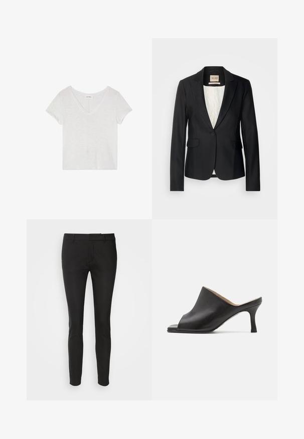 Sort blazer med en skræddersyet pasform, enkelt knaplukning og to forlommer. Foret med et mønstret indre for ekstra detaljer.; Hvid cropped t-shirt med v-udskæring og korte ærmer, lavet af let, let struktureret stof. Minimale mærker synlige nær kraven.; Sorte slim-fit bukser med en glat stofstruktur, der har sidelommer og en flad frontdesign, hvilket giver en slank og skræddersyet silhuet.; Selected ASHLEY - Mules med hæl - black