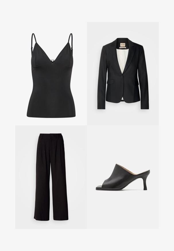 Sort blazer med en skræddersyet pasform, enkelt knaplukning og to forlommer. Foret med et mønstret indre for ekstra detaljer.; Sort, tætsiddende camisole med justerbare tynde stropper, V-halsudskæring, sømløst design og glat tekstur. Lavet af et blødt, strækbart materiale.; Sorte bukser med vid benvidde lavet af glat stof, med folder foran, en tætsiddende talje og uden synlige mønstre eller detaljer.; Selected ASHLEY - Mules med hæl - black