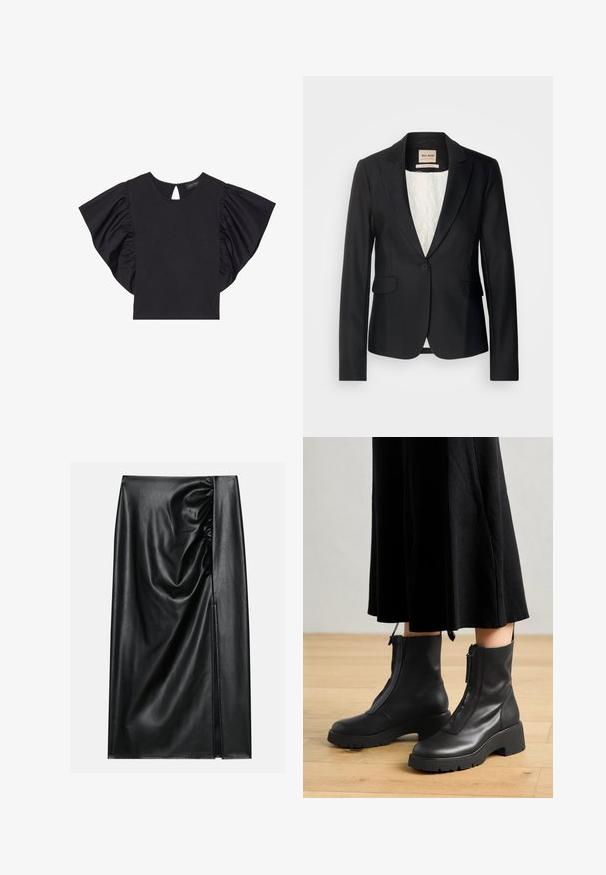 Blazer negro con corte entallado, cierre de un solo botón y dos bolsillos frontales. Forrado con un interior estampado para añadir detalles.; Top corto negro de manga corta con mangas rizadas dramáticas, escote redondo y detalle de abertura en la parte posterior. Material suave.; Falda de cuero negro con una textura suave, con una sección fruncida en un lado y una abertura lateral para añadir detalle.; Botas de tobillo de cuero negro con suela de plataforma gruesa y cremallera delantera. Textura suave con un diseño minimalista.