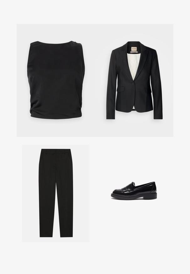 Blazer noir avec une coupe ajustée, fermeture à un bouton et deux poches avant. Doublé d'une intérieur à motif pour un détail supplémentaire.; Débardeur noir sans manches avec une texture lisse et brillante ; il présente un col rond et des détails froncés sur les côtés pour une silhouette ajustée.; Pantalon noir au design ajusté, doté de poches latérales et d'une jambe droite. Fabriqué en tissu lisse et léger avec une finition élégante.; Mocassins en cuir noir au design épuré, avec un bout arrondi, des franges décoratives et une semelle en caoutchouc texturée basse.