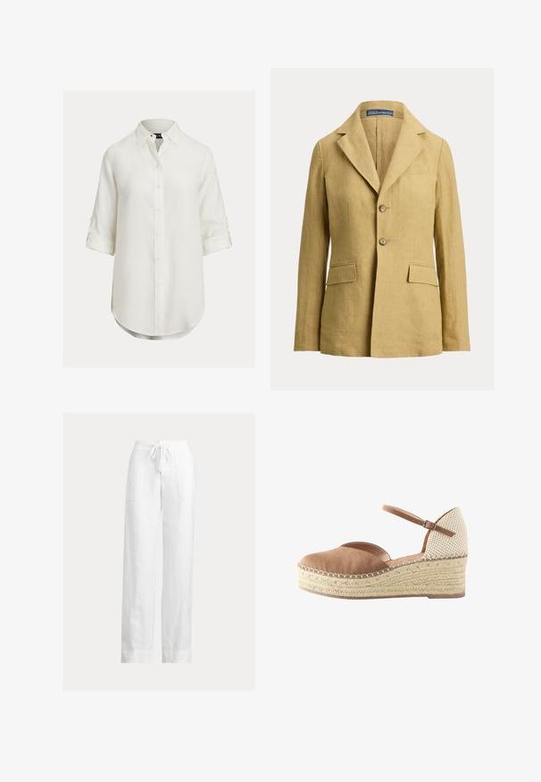 Beige hørblazer med to knapper, hakkraver, brystlomme og to frontlommer med klap fra Polo Ralph Lauren.; Hvid hørskjorte med knaplukning, lange ærmer rullet op, buet kant og klassisk krave. Diskret tekstur, blødt stof.; Hvide linnedbukser med snøre i taljen, vid pasform og to sidelommer. Glat tekstur med et let og luftigt udseende.; Kile espadrillesko med brun ruskind foran, beige flettet hæl, flet platform af jute og justerbar ankelrem med spænde.