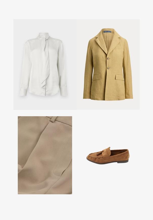 Blazer de lino beige con dos botones, solapas con muesca, bolsillo en el pecho y dos bolsillos delanteros con solapa de Polo Ralph Lauren.; Blusa blanca de manga larga con cuello alto y detalle de bufanda atada en la parte delantera, hecha de una suave tela similar al satén.; Reiss PETITE FIT - EDEN ELASTICATED WAIST WIDE - Pantalones - mink neutral; Mocasín de ante marrón con detalle de borlas, tacón bajo y costuras estilo mocasín a lo largo de la puntera.
