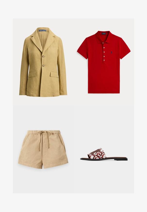 Beež linane bleiser kahe nupuga, sälk-laplikate, rinnatasku ja kahe esiäärisega taskuga, mark Polo Ralph Lauren.; Punane lühikeste varrukatega polosärk, millel on neli valget nööpi ja vasakul rinnal väike tumesinine tikitud logo.; Khaki lühikesed püksid pehmest kangast, elastse vöökoha ja nööriga, kahe küljetaskuga ja mugava lõikega.; Lamedaladel sandaal, millel on laia rihmaga laineline pruun-valge muster ja must tald, valgel taustal.