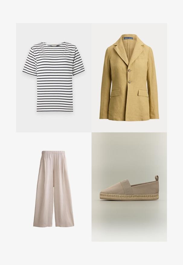 Beige hørblazer med to knapper, hakkraver, brystlomme og to frontlommer med klap fra Polo Ralph Lauren.; Hvid t-shirt med vandrette navy striber, rund halsudskæring, korte ærmer og en lille logo detalje på venstre ærme. Materialet er bomuld.; Beige bukser med vide ben og elastisk talje, lavet af letvægtsstof, vist fladt på en hvid baggrund.; Beige slip-on espadrille med flettet jutesål, elastikbånd over toppen med præget mærkenavn og stofløfteflig ved hælen.
