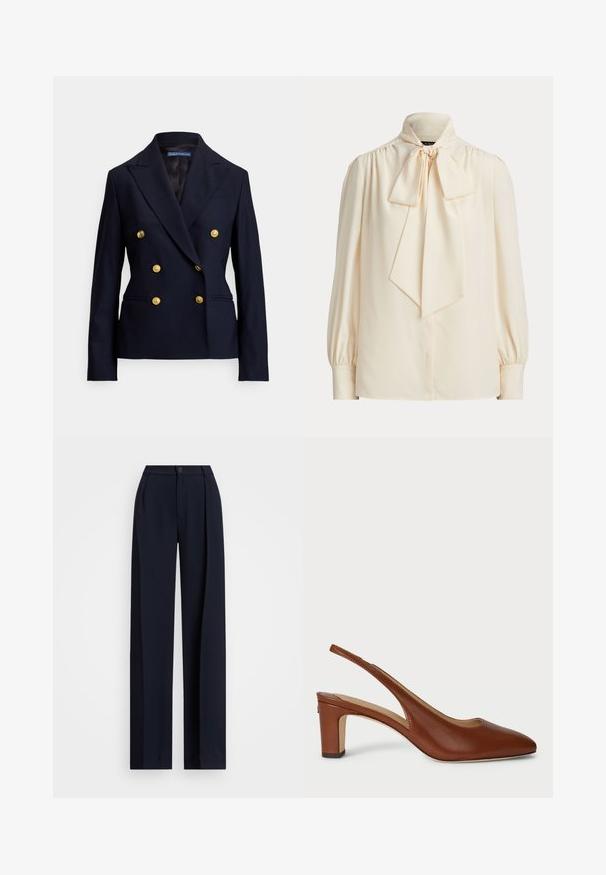 Blazer azul marino cruzado con seis botones dorados y solapas con muesca, con un corte entallado y dos bolsillos delanteros.; Blusa cremosa de manga larga con cuello alto y un gran lazo atado en el cuello, con hombros fruncidos y mangas con puños.; Pantalones de pierna ancha en color marino con pliegues, cierre de botón y una textura de tela suave. Diseñados para un ajuste suelto y cómodo.; Zapato de piel marrón tipo slingback con punta afilada, tacón bajo y laterales abiertos, que presenta una textura suave y un diseño minimalista.