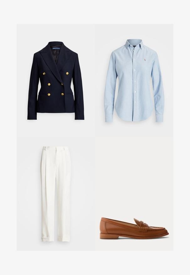 Blazer croisé bleu marine à six boutons dorés et revers crantés, arborant une coupe ajustée et deux poches avant.; Chemise bleu clair à manches longues boutonnée avec col et petit logo brodé sur la poitrine gauche.; Pantalons blancs ajustés avec deux plis avant, coupe droite et ourlets repliés. Fabriqués en tissu lisse, présentant un design classique.; Mocassin en cuir marron avec petit talon en bois, bride classique pour pièce et détails cousus le long de la pointe et des côtés.