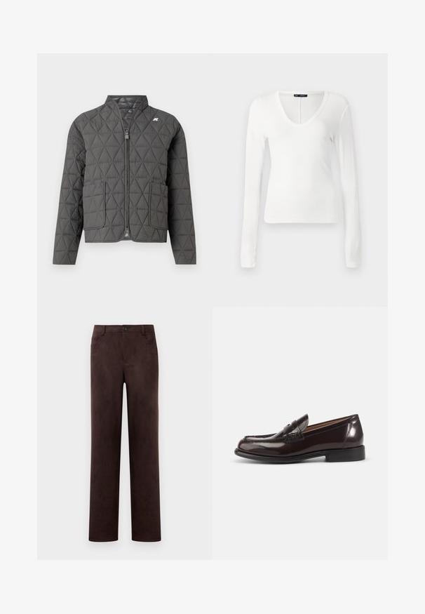 K-Way SELIME DIAMOND QUILTED WARM - Veste mi-saison - grey shadow; Haut à manches longues blanc en tissu côtelé, avec un décolleté en V profond et une coupe ajustée, possédant des bords sans couture et une texture lisse.; Pantalons en suède marron foncé à jambes droites avec fermeture à bouton et zip à l'avant, passants de ceinture et poches latérales.; Mocassin penny pour homme en cuir brun foncé poli avec talon bas et détails cousus sur fond blanc.