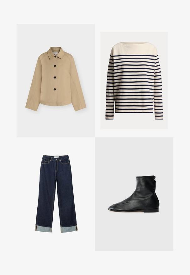Beige casual jas met lange mouwen, klassieke kraag, vier zwarte knopen aan de voorkant en zijzakken, plat gelegd op een witte achtergrond.; Langarmshirt met marineblauwe en crèmekleurige strepen, met een boothals, gemaakt van zachte katoenstof. Voorzien van gelijkmatige horizontale strepen en een ontspannen pasvorm.; Donkerblauwe wijde jeans met een hoge taille, voorzien van omgeslagen manchetten, contrasterende stiksels en een vijf-pocket ontwerp. Gemaakt van denim stof.; Zwarte leren enkellaarzen met een puntige neus, een gladde textuur en een rits aan de zijkant voor gemakkelijk aan- en uittrekken. Lage hak, minimalistische stijl.