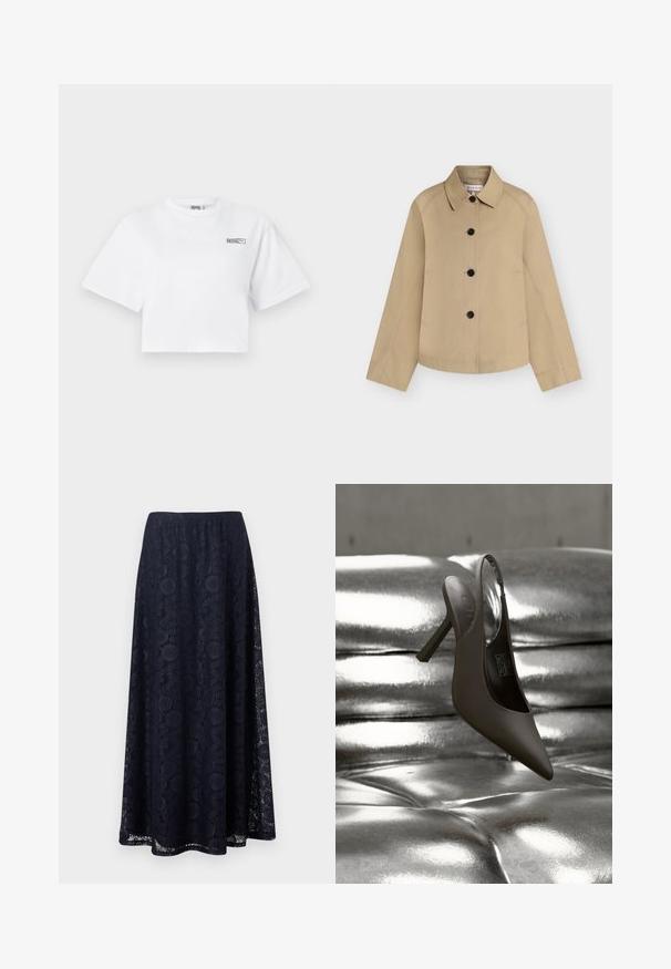 Veste beige décontractée à manches longues, col classique, quatre boutons noirs sur le devant et poches latérales, posée à plat sur un fond blanc.; T-shirt blanc court à manches courtes avec un petit logo "HOSIE" et un logo Puma sur le haut à gauche de la poitrine.; Jupe bleu marine de style trapèze avec une superposition de dentelle florale et un ourlet mi-long, présentant un motif complexe circulaire et géométrique.; Chaussure à talon haut noire à bout pointu et bride arrière reposant sur une surface capitonnée argentée brillante et métallique.