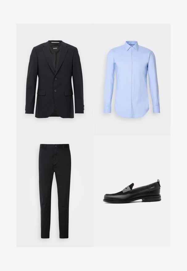 Mørkegrå skræddersyet blazer med subtilt ternet mønster, klapkrave, to frontknapper, klaplommer og mærket indvendig label.; Lys blå langærmet skjorte lavet af bomuld, med knaplukning foran, krave og rundet kant. Glat tekstur uden mønstre.; Sort chinos med en glat overflade, knaplukning og tætsiddende design. Ideel til afslappet eller semi-formelt tøj.; Sort læderloafer med grå remdetalje, lav hæl og tekstureret sål, mærket med "HUGO" i guld på siden.