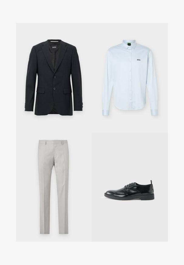 Blazer ajustado de color gris oscuro con un sutil patrón a cuadros, solapas tipo muesca, dos botones frontales, bolsillos con solapa y etiqueta interior de marca.; Camisa azul claro de manga larga con botones y cuello, logo negro "BOSS" en el lado izquierdo del pecho y puños con botones.; Pantalones ajustados de color gris claro con una textura suave, frente plano y dos bolsillos laterales. Presentan piernas rectas y detalles de pliegue sutiles.; Zapato de vestir negro de cuero brillante con tacón bajo, cierre de cordones y puntera redonda, mostrado de lado sobre un fondo claro y liso.