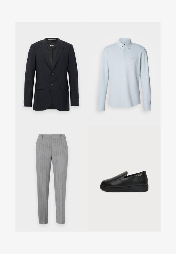 Blazer ajustado de color gris oscuro con un sutil patrón a cuadros, solapas tipo muesca, dos botones frontales, bolsillos con solapa y etiqueta interior de marca.; Camisa azul claro de manga larga con botones. Hecha de tela texturizada con un cuello clásico, presenta un logo sutil en el pecho y puños con botones.; Pantalones a rayas grises con un ajuste entallado, frente plano y bolsillos laterales. Fabricados con una tela suave y un brillo sutil.; Zapato de cuero negro tipo slip-on con suela gruesa y pequeños orificios de ventilación laterales, con el logo dorado de "HUGO" cerca del talón.