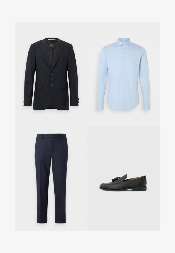 Blazer ajustado de color gris oscuro con un sutil patrón a cuadros, solapas tipo muesca, dos botones frontales, bolsillos con solapa y etiqueta interior de marca.; Camisa de manga larga azul claro con botones, de corte clásico y dobladillo redondeado, con botones nacarados. Tejido de algodón suave, ajuste entallado.; Pantalones de marina hechos de una tela suave, con un corte recto, presillas para cinturón y un cierre de botón único en la cintura.; Mocasín negro de cuero para hombre con borlas, punta redonda, tacón bajo y pestaña para tirar en la parte trasera, mostrado de perfil lateral sobre un fondo gris claro.