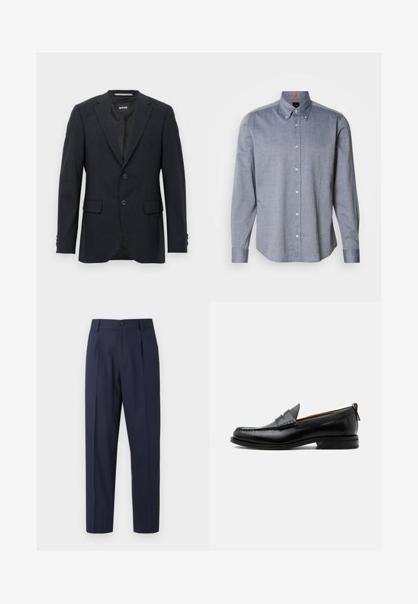 Mørkegrå skræddersyet blazer med subtilt ternet mønster, klapkrave, to frontknapper, klaplommer og mærket indvendig label.; Blå ternet skjorte med knapper, krave, lange ærmer og hvide knapper. Har en vævet tekstur og orange accenter ved kraven.; Marineblå bukser lavet af glat stof, med lige ben, folder foran og en enkelt knaplukning i taljen.; Sort læder herre loafer med moc-tå syning, penny strop, struktureret krave og lav stablet hæl på hvid baggrund.