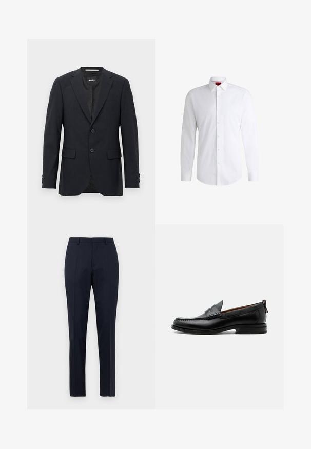 Tmavo šedý schopne prešitý blazer s jemným kockovaným vzorom, klopovými chlopňami, s dvoma prednými gombíkmi, s vreckami na chlopniach a so značkovým vnútorným štítkom.; Biela košeľa na gombíky vyrobená z hladkej látky s klasickým golierom, dlhými rukávmi a zaobleným lemom. Má béžové gombíky na prednej strane.; Námorníckomodré pánske nohavice s jemným károvaným vzorom, s pútkami na opasok a predným záhybom, zobrazené spredu na bielom pozadí.; Čierny kožený pánsky mokasín s prešitím moc toe, penny remienkom, textúrovaným golierom a nízkym vrstveným podpätkom na bielom pozadí.