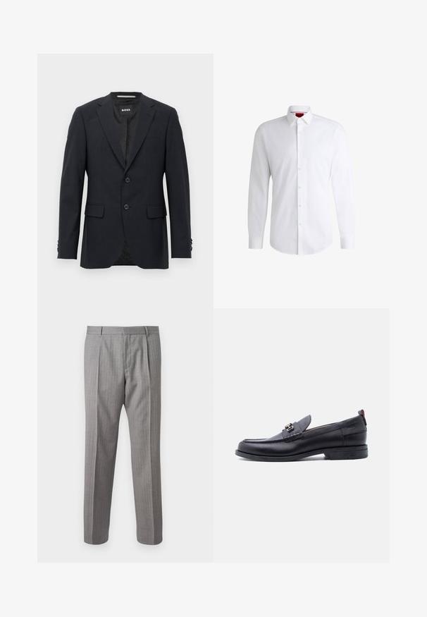Tmavo šedý schopne prešitý blazer s jemným kockovaným vzorom, klopovými chlopňami, s dvoma prednými gombíkmi, s vreckami na chlopniach a so značkovým vnútorným štítkom.; Biela košeľa na gombíky vyrobená z hladkej látky s klasickým golierom, dlhými rukávmi a zaobleným lemom. Má béžové gombíky na prednej strane.; Sivé pruhované nohavice s prispôsobeným strihom, obsahujúce predné skladky, pútka na opasok a hladkú textúru. Priamy strih, čisté lemovanie.; Čierne kožené mokasíny so sivým štruktúrovaným priehlavkom, detailom so striebornou kovovou prackou, nízkym opätkom a pútkom vzadu.