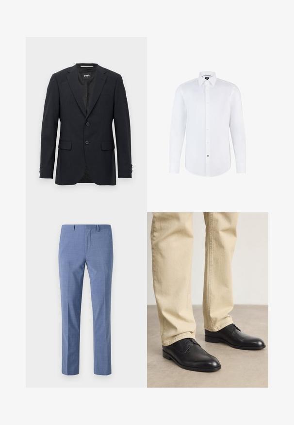 Mørkegrå skræddersyet blazer med subtilt ternet mønster, klapkrave, to frontknapper, klaplommer og mærket indvendig label.; Hvid langærmet skjorte lavet af glat stof med knaplukning foran, spidse kraver og buet kant. Bemærkelsesværdig knap med logo.; Lysblå dressbukser i skræddersyet pasform, struktureret stof, flad front, skrå sidelommer og en glat talje med bæltesløjfer.; Sorte læder snørebåndssko med rund tå, glat finish og diskrete syninger, båret med lyse beige bukser.