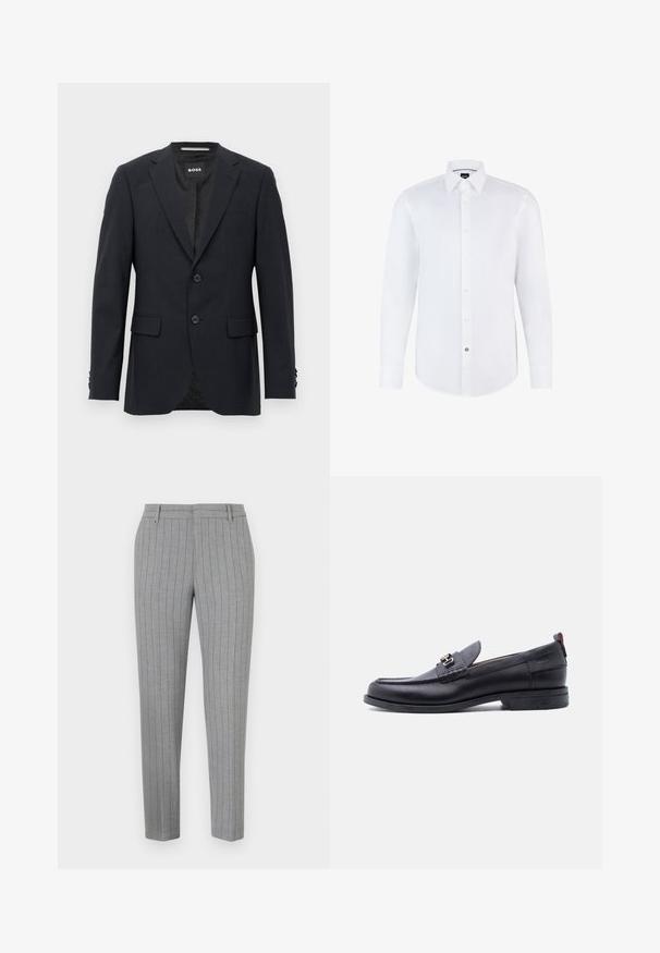 Tmavo šedý schopne prešitý blazer s jemným kockovaným vzorom, klopovými chlopňami, s dvoma prednými gombíkmi, s vreckami na chlopniach a so značkovým vnútorným štítkom.; Biela dlhá košeľa s dlhým rukávom vyrobená z hladkej látky, s predným zapínaním na gombíky, špicatým golierom a zakriveným lemom. Výrazný gombík s logom značky.; Sivé nohavice s jemnými pásikmi, s priliehavým strihom, s rovným predným dielom a bočnými vreckami. Vyrobené z hladkej látky s jemným leskom.; Čierne kožené mokasíny so sivým štruktúrovaným priehlavkom, detailom so striebornou kovovou prackou, nízkym opätkom a pútkom vzadu.