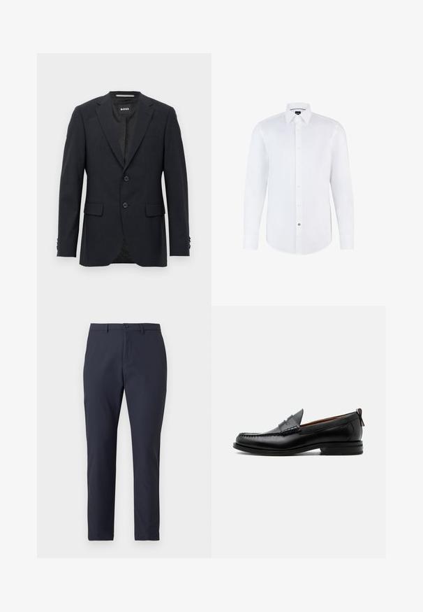 Mørkegrå skræddersyet blazer med subtilt ternet mønster, klapkrave, to frontknapper, klaplommer og mærket indvendig label.; Hvid langærmet skjorte lavet af glat stof med knaplukning foran, spidse kraver og buet kant. Bemærkelsesværdig knap med logo.; Mørkeblå letvægtsbukser med slankt design, der har knaplukning, bæltestropper og en glat tekstur. Skræddersyet pasform.; Sort læder herre loafer med moc-tå syning, penny strop, struktureret krave og lav stablet hæl på hvid baggrund.