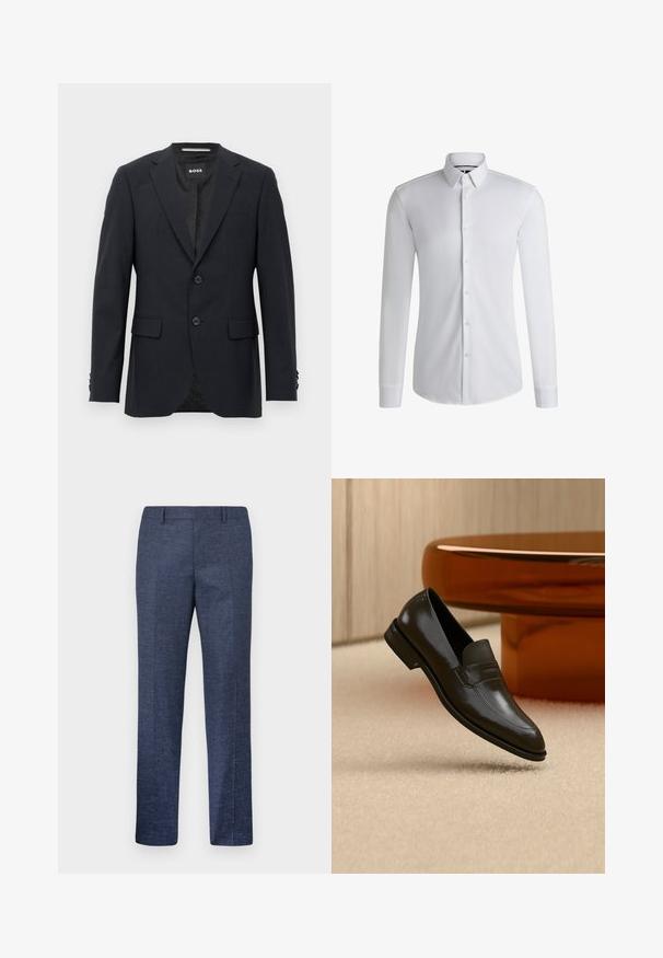 Mørkegrå skræddersyet blazer med subtilt ternet mønster, klapkrave, to frontknapper, klaplommer og mærket indvendig label.; Langærmet hvid skjorte lavet af glat stof, med en krave med knapper og en række knapper foran. Enkelt design.; Herre lige marineblå bukser med bæltestropper, forreste presning og et subtilt tekstureret stofmønster.; Sort læderloafer med et elegant design, der har et struktureret bånd og en glat finish. Placeret mod en blød, lys baggrund.