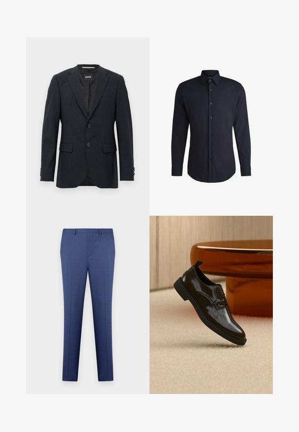 Blazer ajustado de color gris oscuro con un sutil patrón a cuadros, solapas tipo muesca, dos botones frontales, bolsillos con solapa y etiqueta interior de marca.; Camisa de manga larga azul marino hecha de tejido tejido, con cuello abotonado y botones a juego, con una textura suave y un corte entallado.; Pantalones de vestir para hombre en azul, ajustados, con trabillas para cinturón, cremallera en la parte delantera y detalles de plisado, exhibidos sobre un fondo blanco.; Zapato de vestir negro brillante de cuero con cordones flotando sobre una alfombra beige con una mesa redonda marrón brillante al fondo.