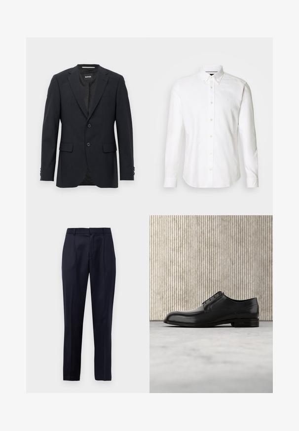 Tmavo šedý schopne prešitý blazer s jemným kockovaným vzorom, klopovými chlopňami, s dvoma prednými gombíkmi, s vreckami na chlopniach a so značkovým vnútorným štítkom.; Biela košeľa s dlhým rukávom a golierom na gombíky, vyrobená z hladkej látky, s jemným logom na hrudi a zapínaním na gombíky.; Námorné modré krajčírsky strihané nohavice s prednými skladmi, pútka na opasok a zúženým strihom na bielom pozadí.; Čierne kožené šaty topánky s okrúhlou špičkou, hladkým povrchom, minimálnymi švami a plochou podrážkou so subtilným brandingom na päte.