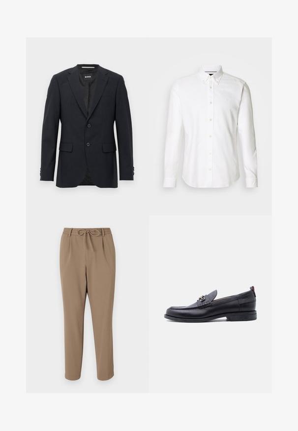 Tmavo šedý schopne prešitý blazer s jemným kockovaným vzorom, klopovými chlopňami, s dvoma prednými gombíkmi, s vreckami na chlopniach a so značkovým vnútorným štítkom.; Biela košeľa s dlhým rukávom a golierom na gombíky, vyrobená z hladkej látky, s jemným logom na hrudi a zapínaním na gombíky.; Bežové zúžené nohavice s elastickým pásom, bočnými vreckami a hladkou textúrou. Žiadne viditeľné vzory ani ďalšie akcenty.; Čierne kožené mokasíny so sivým štruktúrovaným priehlavkom, detailom so striebornou kovovou prackou, nízkym opätkom a pútkom vzadu.