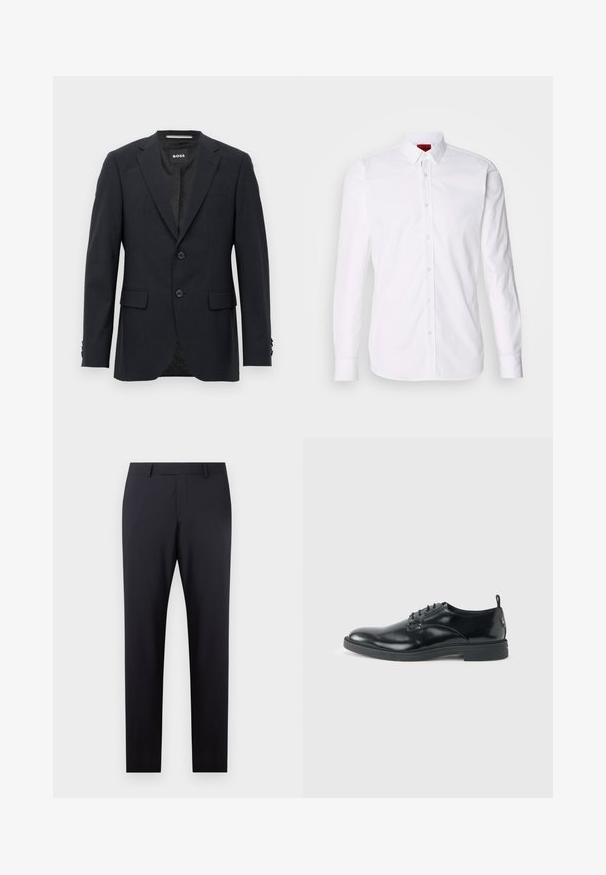 Mørkegrå skræddersyet blazer med subtilt ternet mønster, klapkrave, to frontknapper, klaplommer og mærket indvendig label.; Hvid skjorte med lange ærmer, knap-front og klassisk krave, fremstillet i en blød bomulds kvalitet.; Mørkeblå skræddersyede bukser med flad front, slim fit, sidelommer og en glat tekstur; ingen synlige mønstre eller dekorative elementer.; Blank sort læder dresssko med lav hæl, snørelukning og rund tå, vist fra siden på ensfarvet lys baggrund.