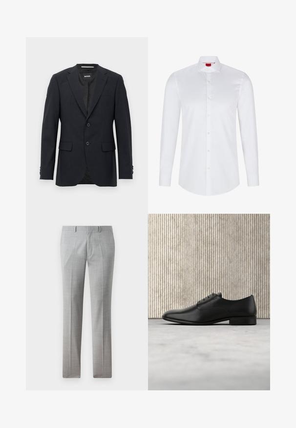 Mørkegrå skræddersyet blazer med subtilt ternet mønster, klapkrave, to frontknapper, klaplommer og mærket indvendig label.; Hvid langærmet skjorte med knaplukning lavet af glat bomuld. Har en klassisk krave, fuld knaplukning og afrundet nederkant.; Grå skræddersyede bukser lavet af et glat stof, med et fint ternet mønster, lige ben og bæltestropper. Ingen synlige lommer.; Sorte læderdressko med et elegant design, rund tå, fem snøre-læseøjer og en lille hæl. Diskret prægede logo-detaljer.