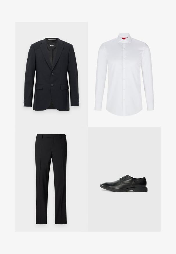 Mørkegrå skræddersyet blazer med subtilt ternet mønster, klapkrave, to frontknapper, klaplommer og mærket indvendig label.; Hvid langærmet skjorte med knaplukning lavet af glat bomuld. Har en klassisk krave, fuld knaplukning og afrundet nederkant.; Sorte skræddersyede bukser med lige ben, der har en glat overflade, plissee foran og en klassisk talje for et formelt udseende.; Sort læder herresko med glat overflade, spids tå, seks snørrehuller og lav, rektangulær hæl. Diskret brandingdetalje på siden.