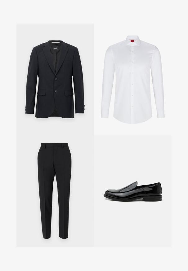 Tmavo šedý schopne prešitý blazer s jemným kockovaným vzorom, klopovými chlopňami, s dvoma prednými gombíkmi, s vreckami na chlopniach a so značkovým vnútorným štítkom.; Biela košeľa s dlhým rukávom na gombíky vyrobená z hladkej bavlny. Má klasický golier, plnú gombíkovú légou a zaoblený lem.; Čierne nohavice s prispôsobeným strihom, s plochým predným dielom, detailmi skladov a elegantným strihom. Vyrobené z hladkej látky pre rafinovaný vzhľad.; Čierna lesklá kožená spoločenská obuv na nízkom podpätku s zaoblenou špičkou, pohľad zboku na bielom pozadí.