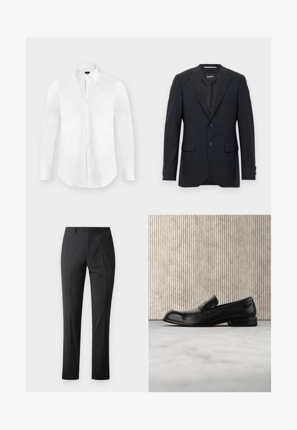 Blazer ajustado de color gris oscuro con un sutil patrón a cuadros, solapas tipo muesca, dos botones frontales, bolsillos con solapa y etiqueta interior de marca.; Camisa blanca de vestir de manga larga con botones y cuello puntiagudo, colocada perfectamente plana sobre un fondo gris claro.; Pantalones oscuros grises a medida con una textura suave, corte ajustado, frente plano y cinturilla estándar. Presentan pliegues marcados y sin patrones visibles.; Mocasín negro de cuero con detalle metálico, mostrado suspendido sobre una alfombra beige, con una mesa redonda de color ámbar en el fondo.