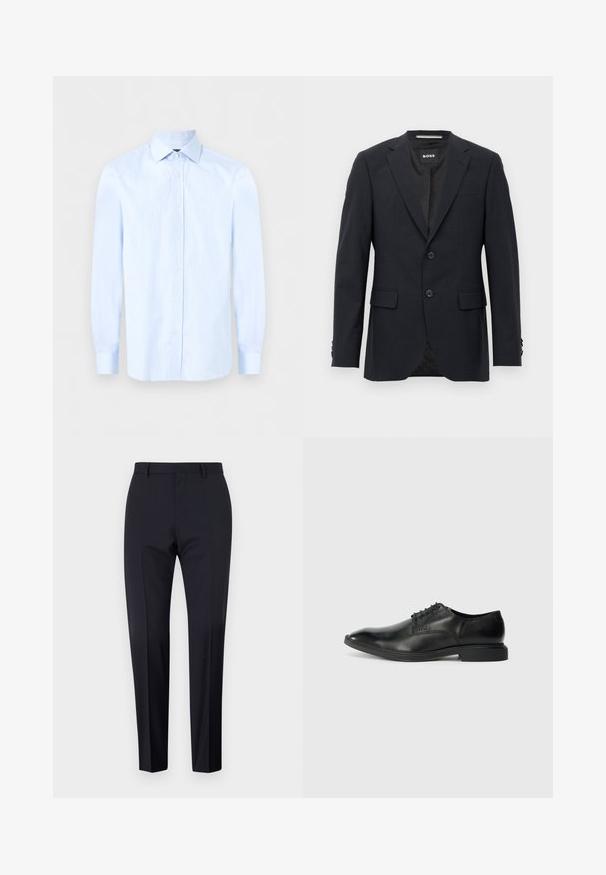 Blazer ajusté gris foncé avec un motif à carreaux subtil, revers en pointe, deux boutons à l'avant, poches à rabat et étiquette de marque à l'intérieur.; Chemise habillée homme bleu clair à manches longues avec col pointu et boutons blancs sur le devant, sur un fond uni.; Pantalon ajusté bleu marine, à devant plat, slim fit, avec passants de ceinture et poches latérales. Tissu lisse avec une finition nette, sans motifs ni accents visibles.; Chaussure habillée en cuir noir avec une texture lisse, bout pointu, design à lacets à six œillets et un petit talon rectangulaire. Détail de marque subtil sur le côté.