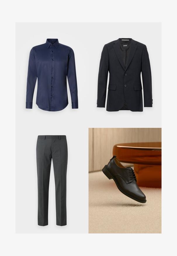 Dunkelgrauer, maßgeschneiderter Blazer mit dezentem Karomuster, Reverskragen, zwei vorderen Knöpfen, Klappentaschen und einem Markeninnenschild.; Marineblaues langärmliges Herrenhemd mit spitzem Kragen und vorderem Knopfverschluss, auf einem einfarbigen weißen Hintergrund präsentiert.; Dunkelgraue Anzughose aus einem glatten Stoff. Sie hat gerade Beine, eine flache Vorderseite und Gürtelschlaufen. Keine sichtbaren Muster oder Akzente.; Schwarzer Herrenschuh aus Leder mit Schnürung, schwebt über einem beigen Teppich, im Hintergrund ein brauner runder Kaffeetisch.