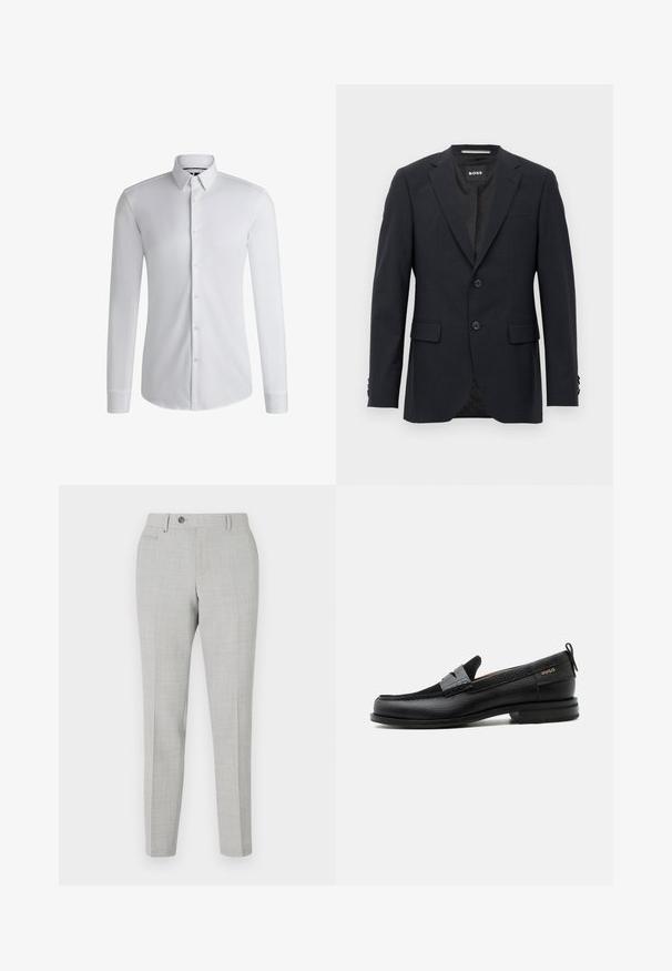 Blazer ajustado de color gris oscuro con un sutil patrón a cuadros, solapas tipo muesca, dos botones frontales, bolsillos con solapa y etiqueta interior de marca.; Camisa blanca de manga larga hecha de tejido suave, con un cuello abotonado y una fila de botones en la parte delantera. Diseño simple.; Pantalones grises a medida con un sutil patrón de cuadros, fabricados en una tela ligera. Cuentan con un cierre de botón y bolsillos laterales. Silueta ajustada.; Mocasín de cuero negro con detalle de tira gris, tacón bajo y suela texturizada, con la marca "HUGO" en oro en el lateral.