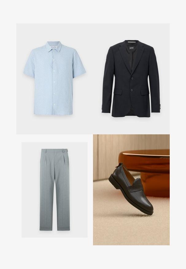 Mørkegrå skræddersyet blazer med subtilt ternet mønster, klapkrave, to frontknapper, klaplommer og mærket indvendig label.; Lyseblå og hvide kortærmede skjorte med småternet mønster og klassisk krave på hvid baggrund.; Lysgrå bukser lavet af et tekstureret stof med lige ben, enkel plissering og opfoldede kanter. Minimalistisk og skræddersyet udseende.; Sort læderloafer med lav hæl svævende over beige tæppe ved siden af et blankt ravfarvet bord i et minimalistisk rum.