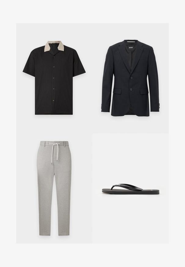 Mørkegrå skræddersyet blazer med subtilt ternet mønster, klapkrave, to frontknapper, klaplommer og mærket indvendig label.; Kortærmet skjorte i sort med lodrette striber, der har en beige krave og frontknapper. Fremstillet af letvægtsstof med en glat tekstur.; Lysegrå slim-fit bukser med bæltestropper og en hvid snor til at binde i taljen, vist på en ensfarvet baggrund.; Sorte flip-flops med tekstureret gummisål, fladt design og slanke plastremme. Bemærkelsesværdigt mærke-logo på remmen.