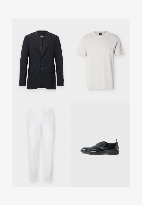 Blazer ajustado de color gris oscuro con un sutil patrón a cuadros, solapas tipo muesca, dos botones frontales, bolsillos con solapa y etiqueta interior de marca.; Camiseta de manga corta de color gris claro hecha de tela suave con cuello redondo. Presenta un logo sutil en relieve en el pecho. Corte clásico.; Pantalones blancos de corte ajustado con trabillas para cinturón y bolsillos laterales, mostrados extendidos sobre un fondo claro.; Zapato de vestir negro de cuero brillante con tacón bajo, cierre de cordones y puntera redonda, mostrado de lado sobre un fondo claro y liso.