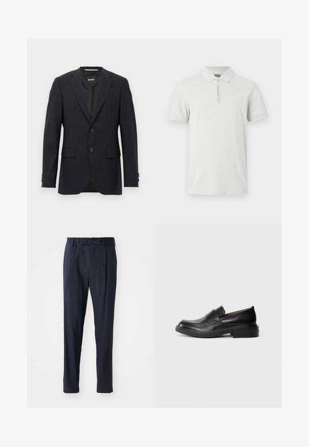 Dunkelgrauer, maßgeschneiderter Blazer mit dezentem Karomuster, Reverskragen, zwei vorderen Knöpfen, Klappentaschen und einem Markeninnenschild.; Hellgraues Poloshirt mit einem Reißverschlusskragen, kurzen Ärmeln und einem kleinen Logopatch; gefertigt aus weichem, glattem Stoff mit einer dezenten Struktur.; Marineblaue Hose mit elastischem Bund und Kordelzug. Verfügt über ein gerades Beindesign und eine leichte, glatte Stofftextur.; Schwarze Leder-Pantoletten mit niedrigem Absatz und dezentem Calvin Klein-Logo an der Seite, im Profil vor einem weißen Hintergrund dargestellt.