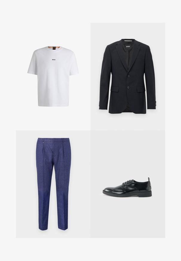 Tmavo šedý schopne prešitý blazer s jemným kockovaným vzorom, klopovými chlopňami, s dvoma prednými gombíkmi, s vreckami na chlopniach a so značkovým vnútorným štítkom.; Biela bavlnená tričko s krátkymi rukávmi, na prednej strane so stredne umiestneným čiernym logom "BOSS" a okrúhlym výstrihom.; Námornícke modré nohavice z textúrovanej tkaniny, s rovnou siluetou, dvoma prednými skládaniami a diskrétnym kovovým akcentom na páse.; Lesklá čierna kožená spoločenská topánka s nízkym opätkom, šnurovaním a okrúhlou špičkou, zobrazená z boku na svetlom jednofarebnom pozadí.